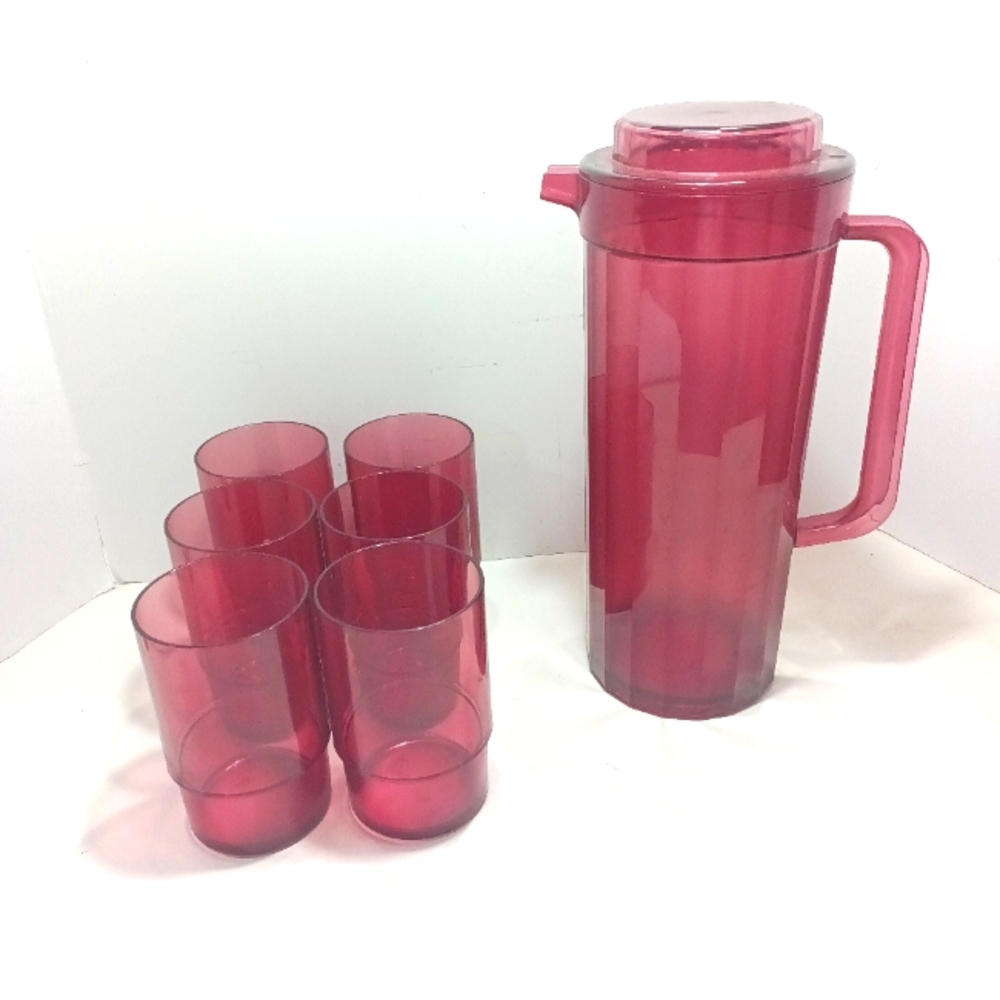 VintageTupperware Pitcher with 6 Cups Acrylic Retro Ruby Red Preludio